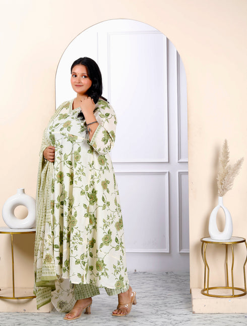 Miravan Womens Plus Size Attractive Floral Print Cotton Green Anarkali Kurta Palazzo And Dupatta Set