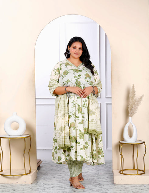 Miravan Womens Plus Size Attractive Floral Print Cotton Green Anarkali Kurta Palazzo And Dupatta Set