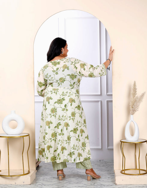Miravan Womens Plus Size Attractive Floral Print Cotton Green Anarkali Kurta Palazzo And Dupatta Set
