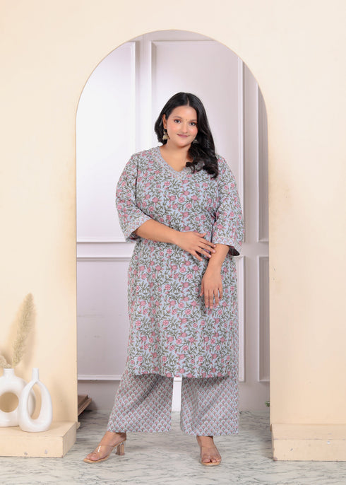 Miravan Womens Plus Size Blue Cotton Office Wear Floral Printed Kurta Palazzo Set