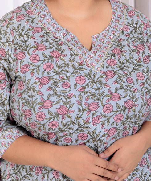 Miravan Womens Plus Size Blue Cotton Office Wear Floral Printed Kurta Palazzo Set