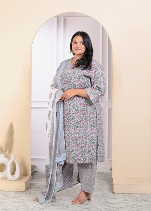 Miravan Womens Plus Size Pure Cotton Traditional Straight Kurta With Palazzo And Dupatta Set