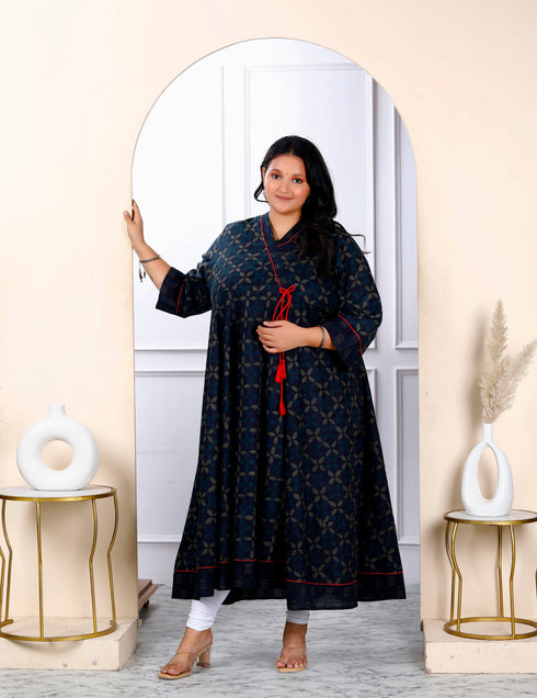 Miravan Womens Plus Size Navy Blue Abstract Printed Angrakha Style Anarkali Kurta