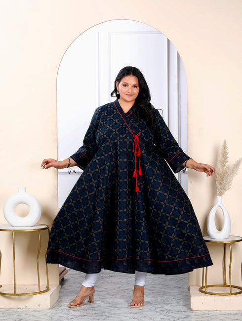 Miravan Womens Plus Size Navy Blue Abstract Printed Angrakha Style Anarkali Kurta