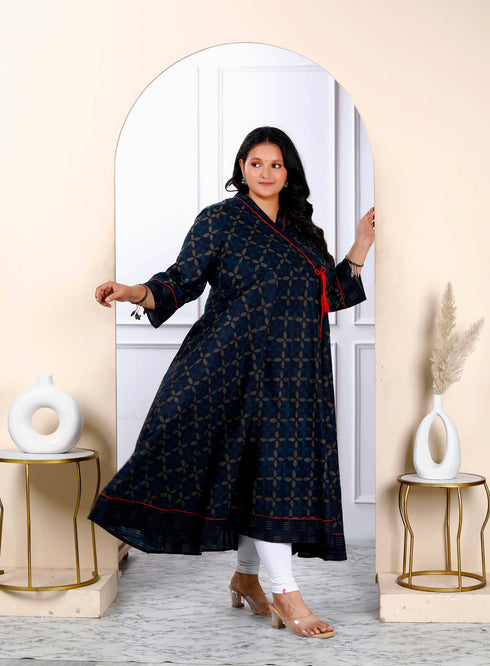 Miravan Womens Plus Size Navy Blue Abstract Printed Angrakha Style Anarkali Kurta