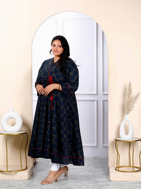 Miravan Womens Plus Size Navy Blue Abstract Printed Angrakha Style Anarkali Kurta