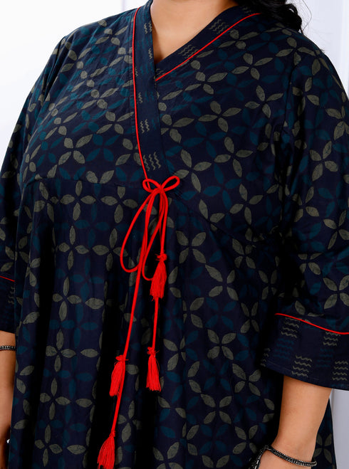 Miravan Womens Plus Size Navy Blue Abstract Printed Angrakha Style Anarkali Kurta