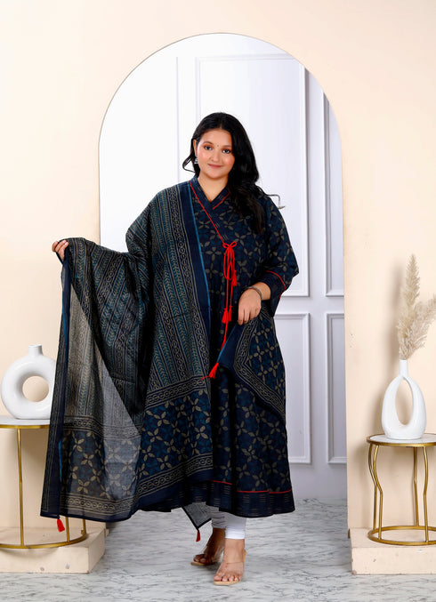 Miravan Womens Navy Blue Plus Size V Neck Abstract Printed Tassel Angrakha Kurta And Dupatta