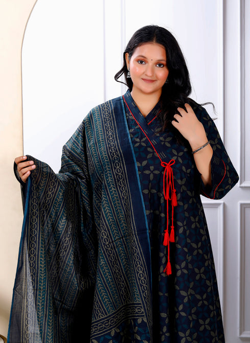 Miravan Womens Navy Blue Plus Size V Neck Abstract Printed Tassel Angrakha Kurta And Dupatta