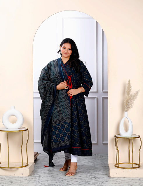 Miravan Womens Navy Blue Plus Size V Neck Abstract Printed Tassel Angrakha Kurta And Dupatta