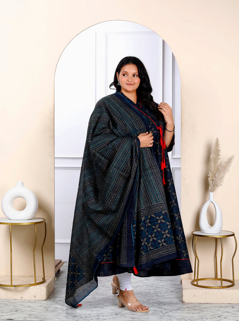 Miravan Womens Navy Blue Plus Size V Neck Abstract Printed Tassel Angrakha Kurta And Dupatta