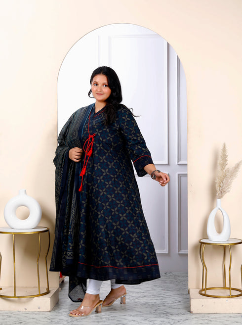 Miravan Womens Navy Blue Plus Size V Neck Abstract Printed Tassel Angrakha Kurta And Dupatta