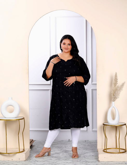 Miravan Womens Plus Size Black Embroidered And Mirror Work Straight Kurti