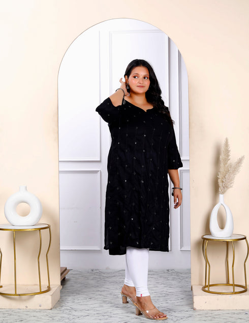 Miravan Womens Plus Size Black Embroidered And Mirror Work Straight Kurti