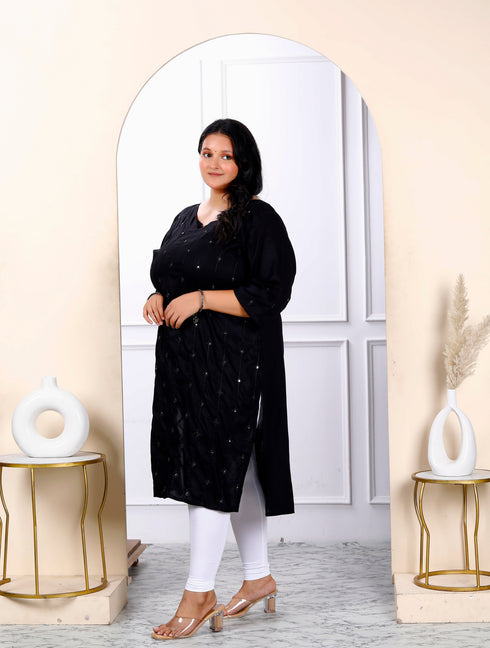 Miravan Womens Plus Size Black Embroidered And Mirror Work Straight Kurti