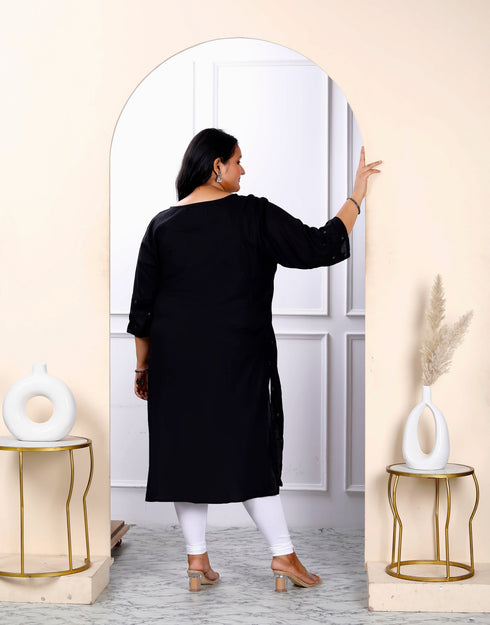 Miravan Womens Plus Size Black Embroidered And Mirror Work Straight Kurti