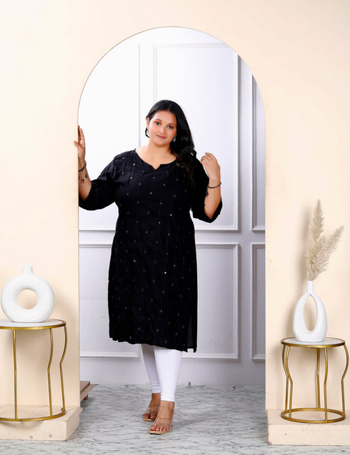 Miravan Womens Plus Size Black Embroidered And Mirror Work Straight Kurti