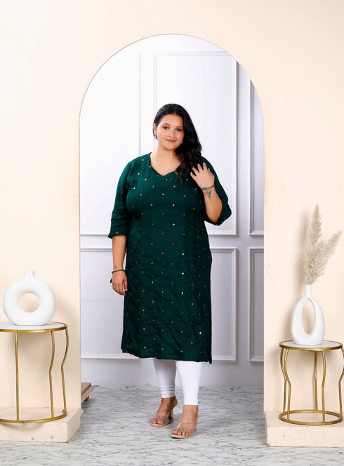 Miravan Womens Plus Size Green Embroidered And Mirror Work Straight Kurti