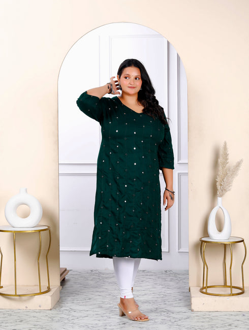Miravan Womens Plus Size Green Embroidered And Mirror Work Straight Kurti