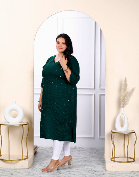 Miravan Womens Plus Size Green Embroidered And Mirror Work Straight Kurti