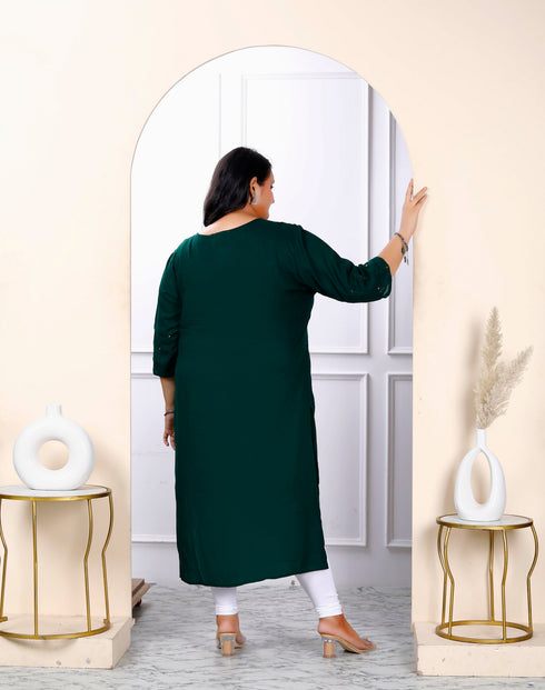 Miravan Womens Plus Size Green Embroidered And Mirror Work Straight Kurti