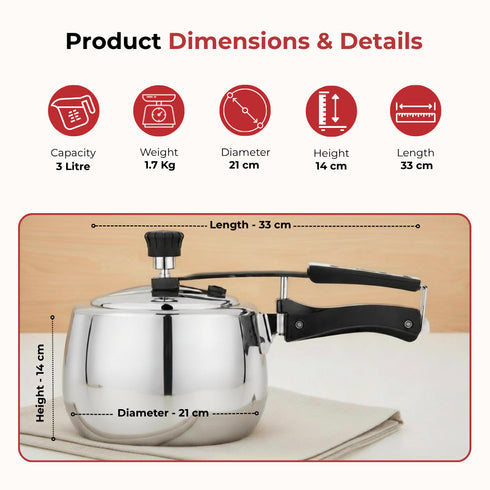 Vinod Doniv Titanium Triply Stainless Steel Pressure Cooker 3 Ltr Inner Lid Induction Friendly