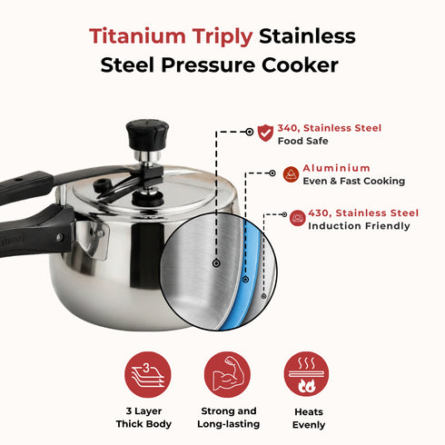 Vinod Doniv Titanium Triply Stainless Steel Pressure Cookers 2 Ltr Inner Lid Induction Friendly