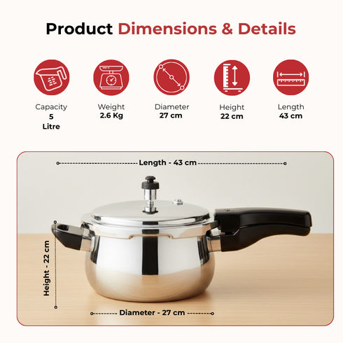 Vinod Doniv Titanium Triply Stainless Steel Pressure Cookers 5 Ltr Outer Lid Induction Friendly