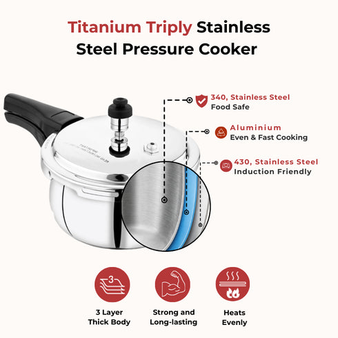 Vinod Doniv Titanium Triply Stainless Steel Pressure Cookers 2 Ltr Outer Lid Induction Friendly