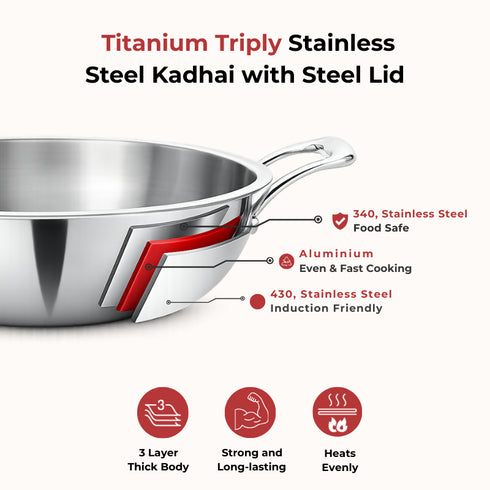Vinod Doniv Titanium Triply Stainless Steel Kadhai with Steel Lid 30 cm Capacity 5.00 Liter Induction Friendly