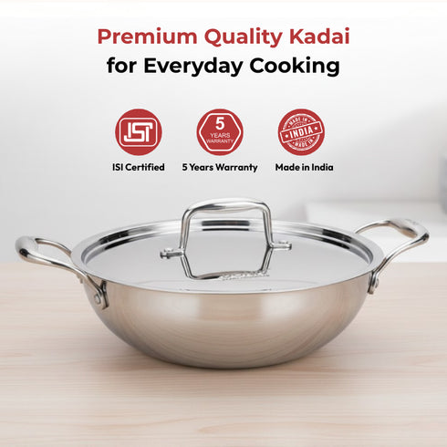 Vinod Doniv Titanium Triply Stainless Steel Kadhai with Steel Lid 30 cm Capacity 5.00 Liter Induction Friendly