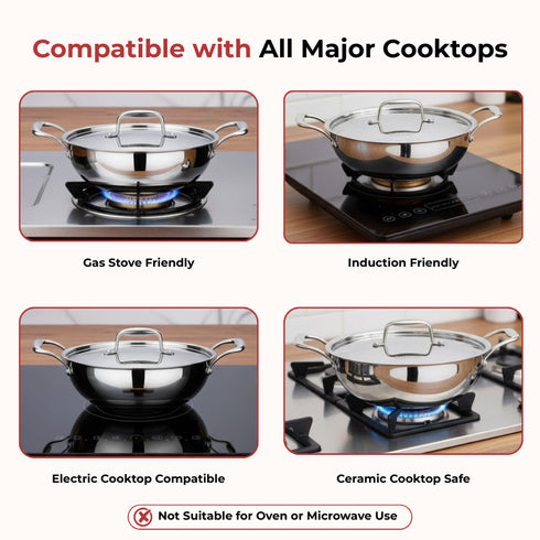 Vinod Doniv Titanium Triply Stainless Steel Kadhai with Steel Lid 20 cm Capacity 1.65 Liter Induction Friendly