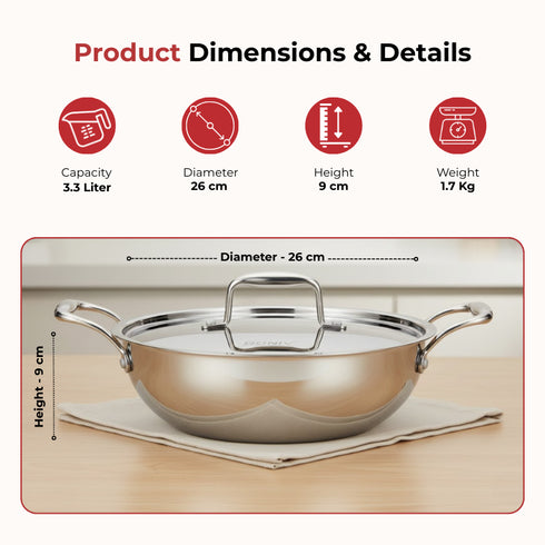 Vinod Doniv Titanium Triply Stainless Steel Kadhai with Steel Lid 26 cm Capacity 3.30 Liter Induction Friendly