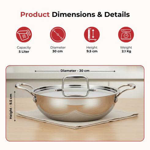 Vinod Doniv Titanium Triply Stainless Steel Kadhai with Steel Lid 30 cm Capacity 5.00 Liter Induction Friendly