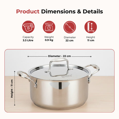 Vinod Doniv Titanium Triply Stainless Steel Sauce Pot with Cover 20 cms Capacity 3.20 Liter
