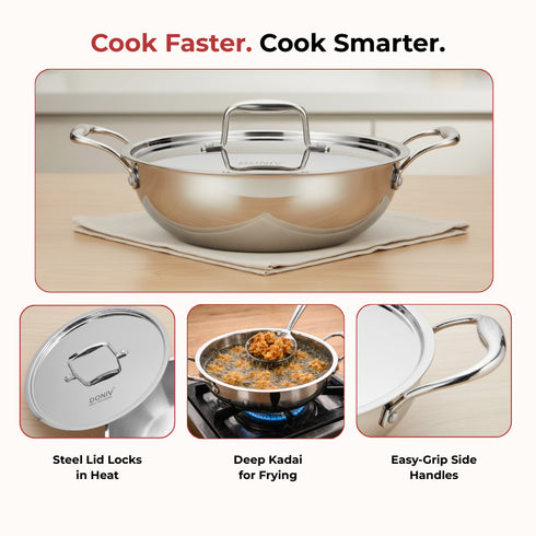 Vinod Doniv Titanium Triply Stainless Steel Kadhai with Steel Lid 30 cm Capacity 5.00 Liter Induction Friendly