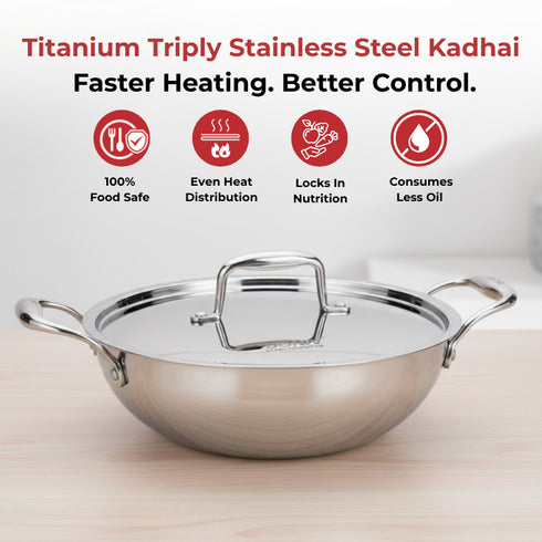 Vinod Doniv Titanium Triply Stainless Steel Kadhai with Steel Lid 30 cm Capacity 5.00 Liter Induction Friendly