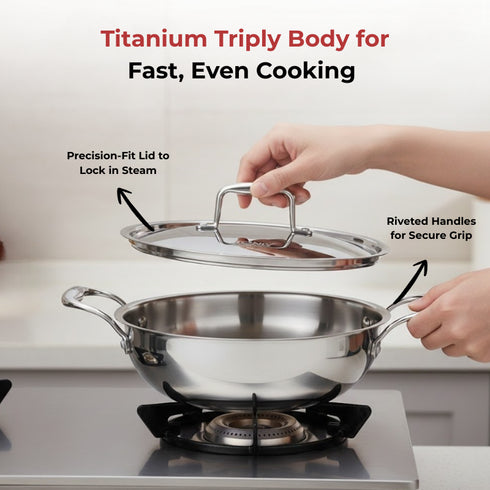 Vinod Doniv Titanium Triply Stainless Steel Kadhai with Steel Lid 20 cm Capacity 1.65 Liter Induction Friendly