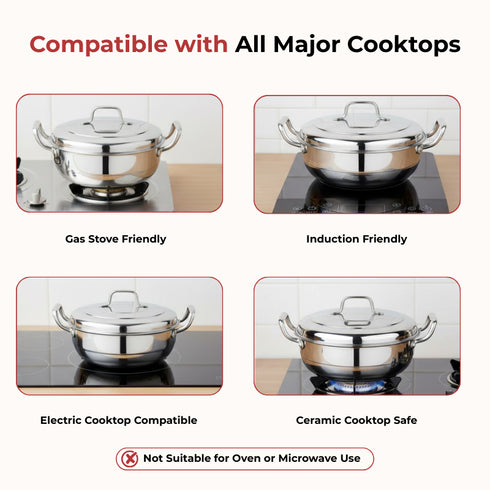 Vinod Doniv Triply Stainless Steel 6 Plates and 1 Multipurpose Kadai Steamer for Idli Dhokla Momos Heavy Guage Idli Dhokla Cooker Induction and Gas Stove Compatible 2 Idli 1 Mini Idli 1 Patra Momos 2 Khaman Dhokla