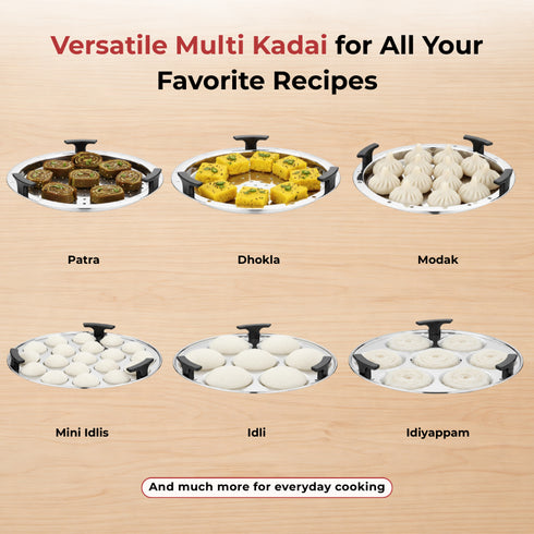 Vinod Doniv Triply Stainless Steel 6 Plates and 1 Multipurpose Kadai Steamer for Idli Dhokla Momos Heavy Guage Idli Dhokla Cooker Induction and Gas Stove Compatible 2 Idli 1 Mini Idli 1 Patra Momos 2 Khaman Dhokla
