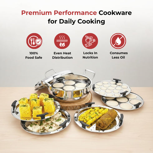 Vinod Doniv Triply Stainless Steel 6 Plates and 1 Multipurpose Kadai Steamer for Idli Dhokla Momos Heavy Guage Idli Dhokla Cooker Induction and Gas Stove Compatible 2 Idli 1 Mini Idli 1 Patra Momos 2 Khaman Dhokla