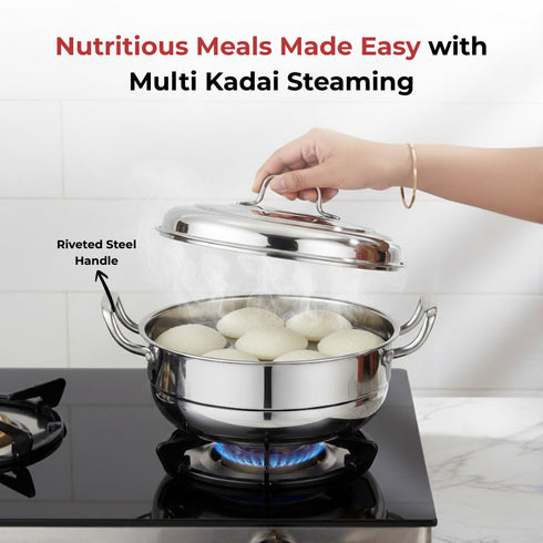 Vinod Doniv Triply Stainless Steel 6 Plates and 1 Multipurpose Kadai Steamer for Idli Dhokla Momos Heavy Guage Idli Dhokla Cooker Induction and Gas Stove Compatible 2 Idli 1 Mini Idli 1 Patra Momos 2 Khaman Dhokla