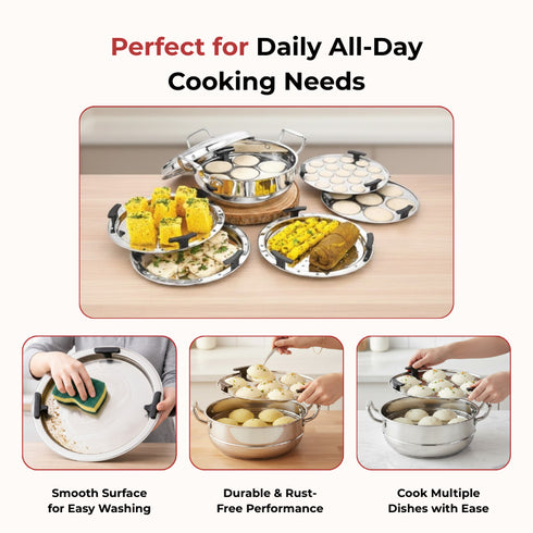 Vinod Doniv Triply Stainless Steel 6 Plates and 1 Multipurpose Kadai Steamer for Idli Dhokla Momos Heavy Guage Idli Dhokla Cooker Induction and Gas Stove Compatible 2 Idli 1 Mini Idli 1 Patra Momos 2 Khaman Dhokla