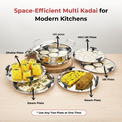 Vinod Doniv Triply Stainless Steel 6 Plates and 1 Multipurpose Kadai Steamer for Idli Dhokla Momos Heavy Guage Idli Dhokla Cooker Induction and Gas Stove Compatible 2 Idli 1 Mini Idli 1 Patra Momos 2 Khaman Dhokla