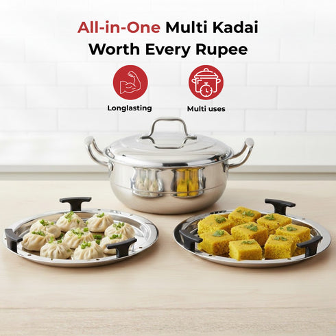 Vinod Doniv Triply Stainless Steel 6 Plates and 1 Multipurpose Kadai Steamer for Idli Dhokla Momos Heavy Guage Idli Dhokla Cooker Induction and Gas Stove Compatible 2 Idli 1 Mini Idli 1 Patra Momos 2 Khaman Dhokla