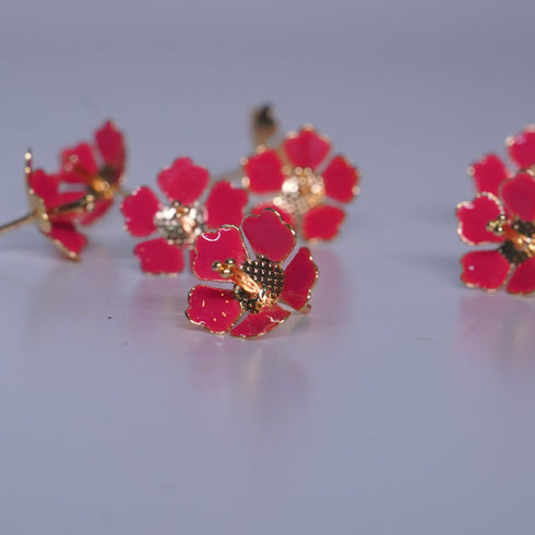 Pure Silver Enamel Red Color Flowers 18G (Pack Of 10)
