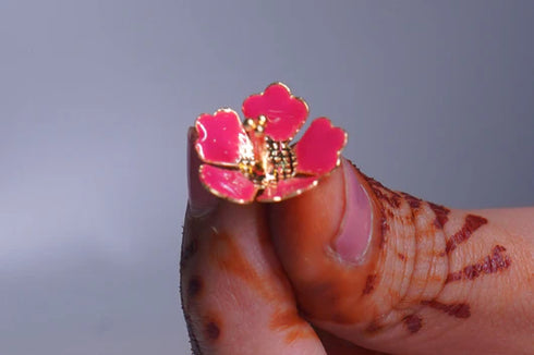 Pure Silver Enamel Red Color Flowers 18G (Pack Of 10)