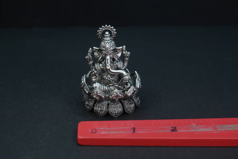 Pure Silver Antique Lotus Ganesh Left Trunk Big Sitting 71.66G By Mahita Collections