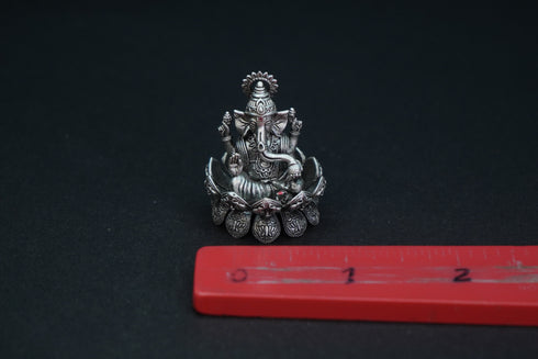Pure Silver Antique Lotus Ganesh Left Trunk Small Sitting 23.74G By Mahita Collections
