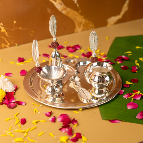 Servdharm Silver Plated Rudraksha Pooja Thali Set with Premium Gift Box